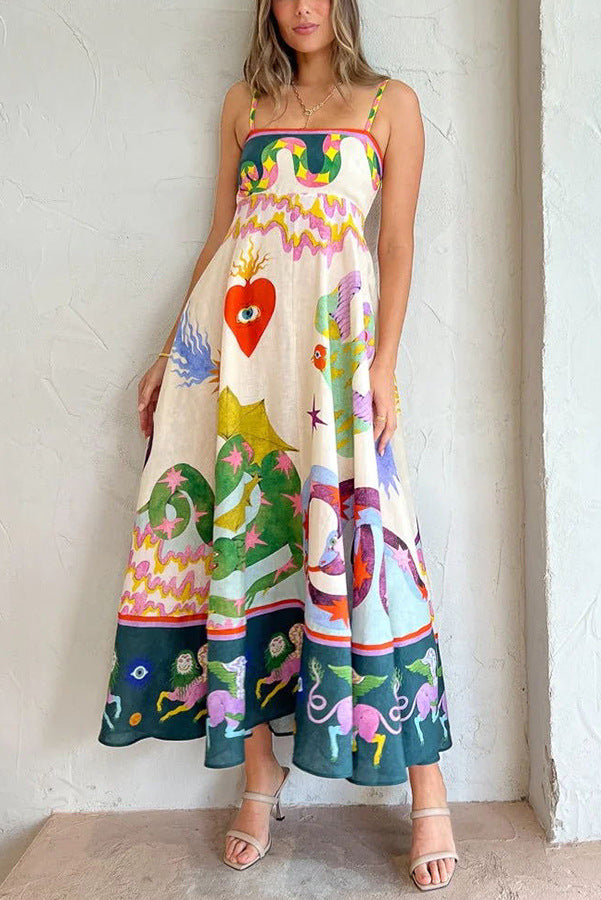 Midikleid aus Leinenmix mit einzigartigem Print, gesmoktem Rückenteil und Taschen