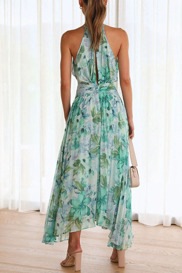 Aqua floral bedrucktes, plissiertes Maxikleid mit Neckholder und Cut-Out