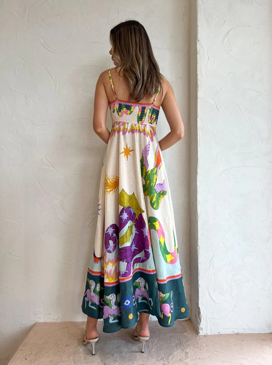 Midikleid aus Leinenmix mit einzigartigem Print, gesmoktem Rückenteil und Taschen