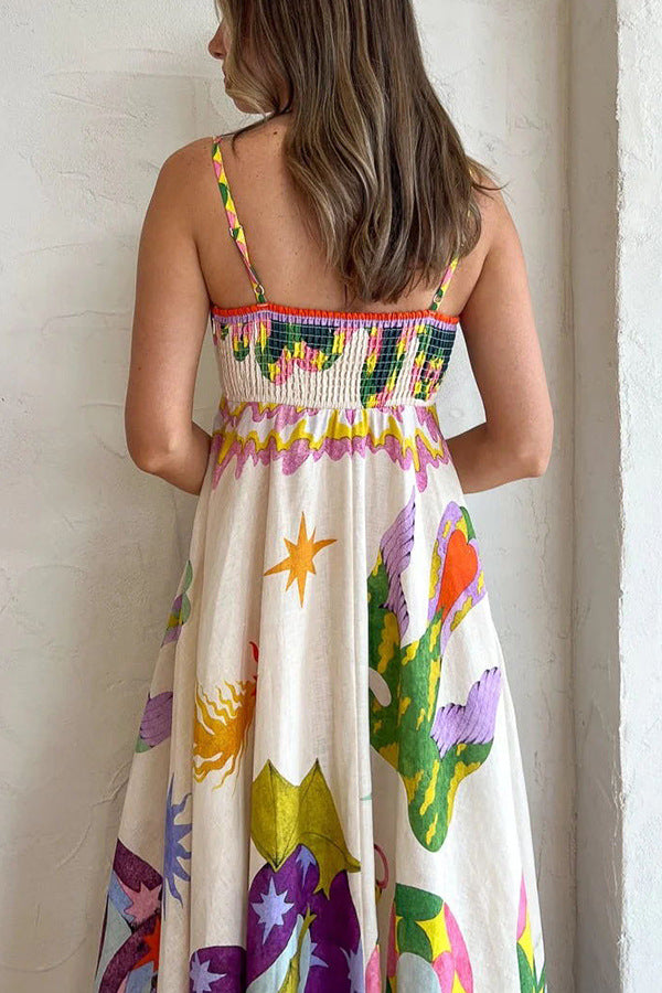 Midikleid aus Leinenmix mit einzigartigem Print, gesmoktem Rückenteil und Taschen