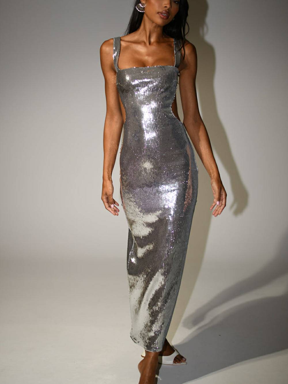 Pailletten-Cut-Out-Maxikleid – Silber