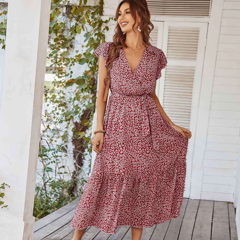 Tiefer V-Ausschnitt Sexy Tupfen Langes Freizeitkleid