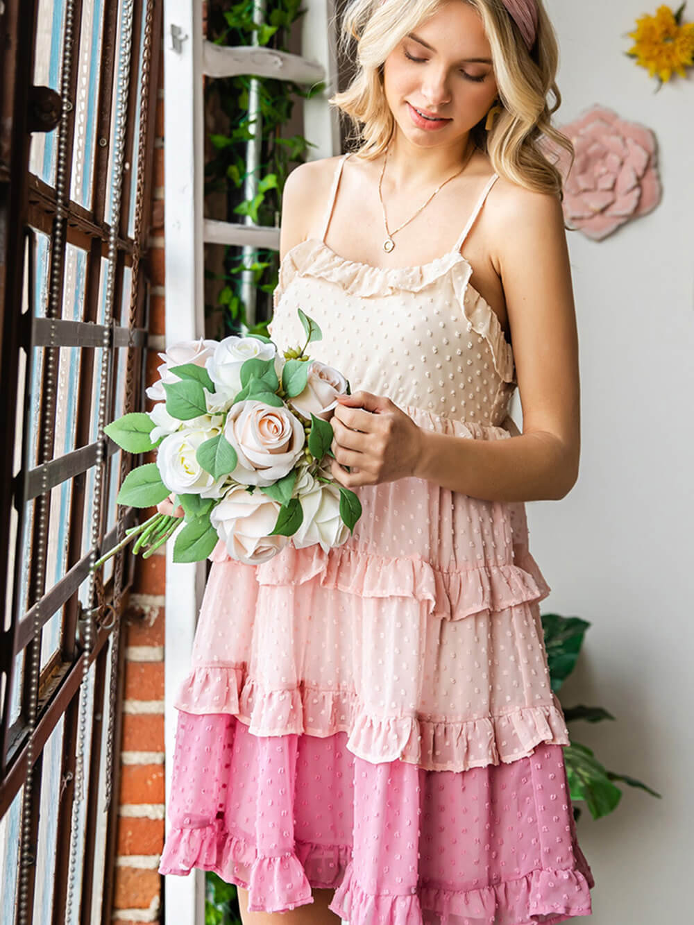 Fairy Color Block Schweizer Punkte Rüschen-Stufenkleid mit Spaghettiträgern