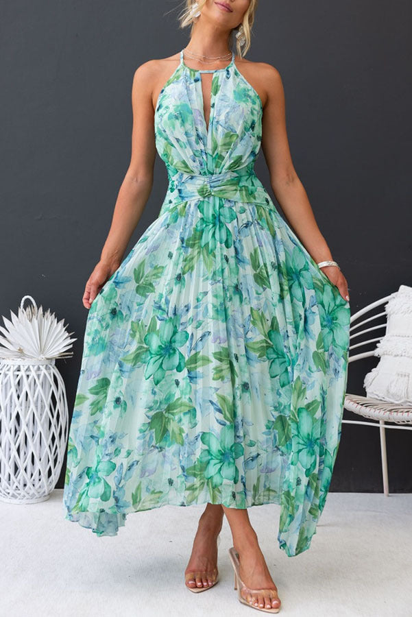 Aqua floral bedrucktes, plissiertes Maxikleid mit Neckholder und Cut-Out
