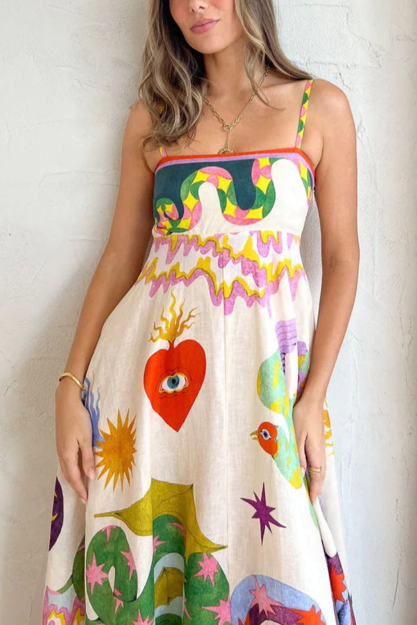 Midikleid aus Leinenmix mit einzigartigem Print, gesmoktem Rückenteil und Taschen