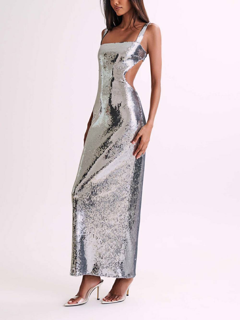 Pailletten-Cut-Out-Maxikleid – Silber
