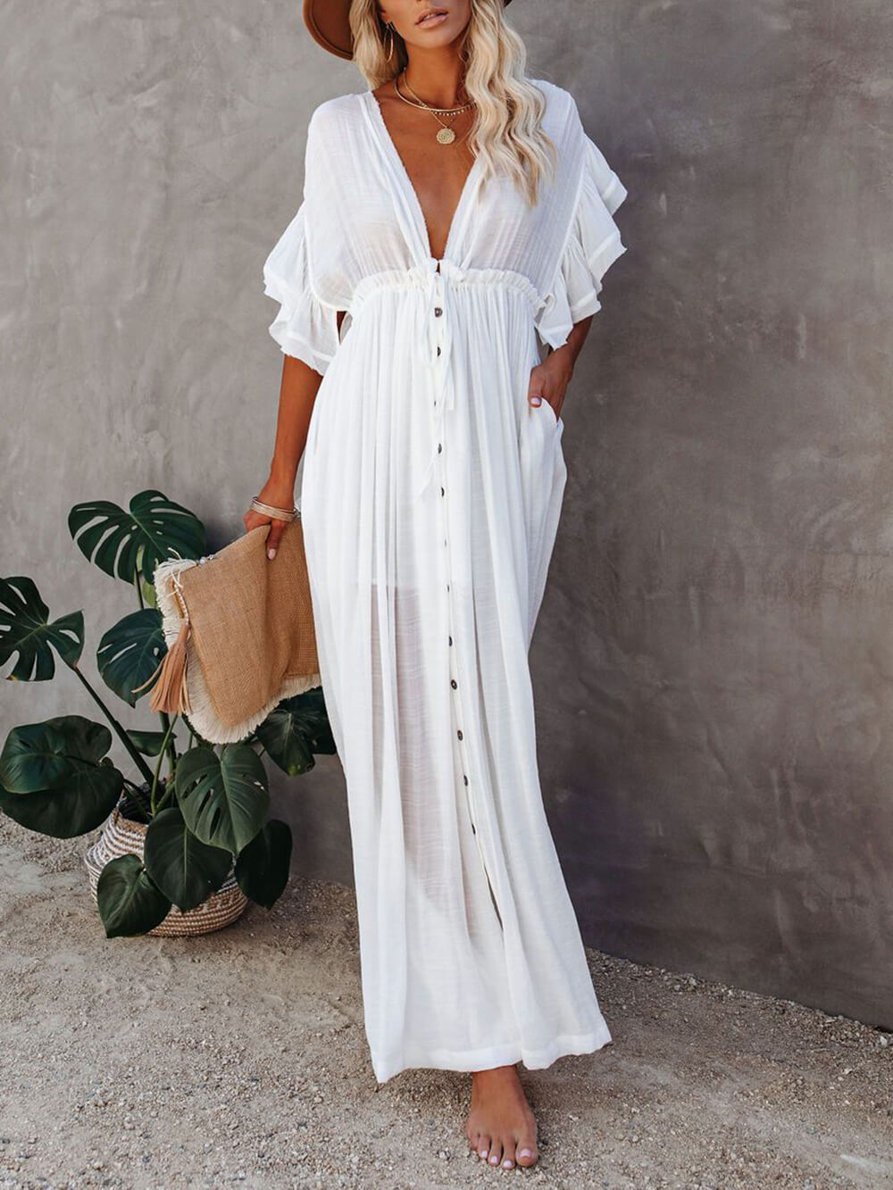 Knopf Baumwoll Leinen Perfektes Strand Boho Maxikleid