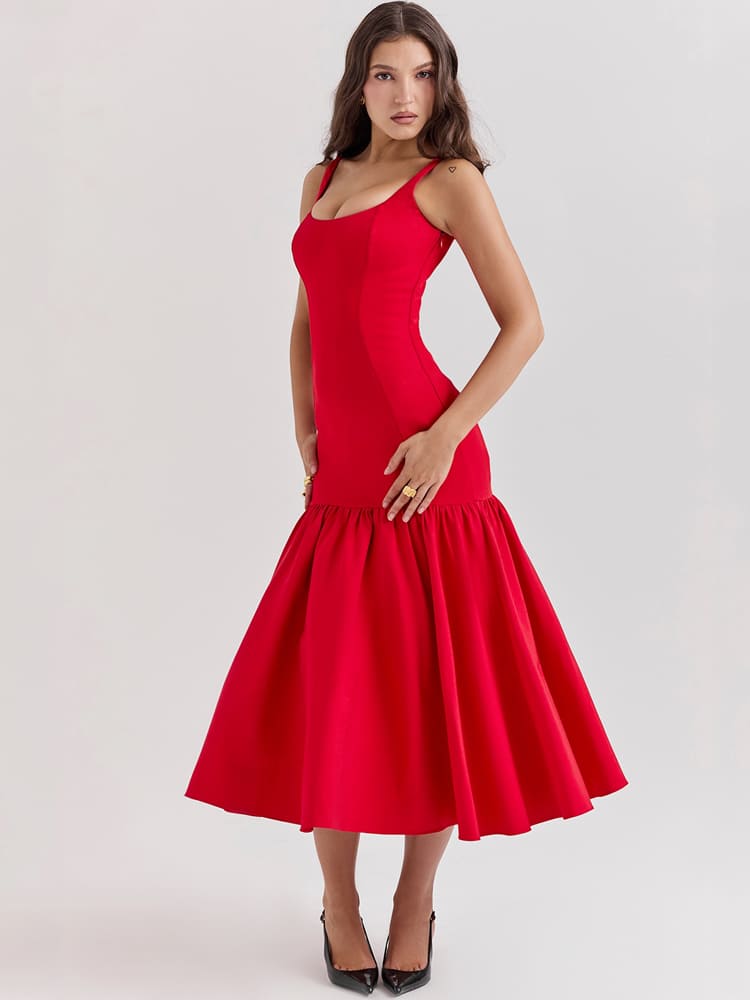 Sexy, eng anliegendes Midi-Kleid mit tiefem Bund – Scharlachrot