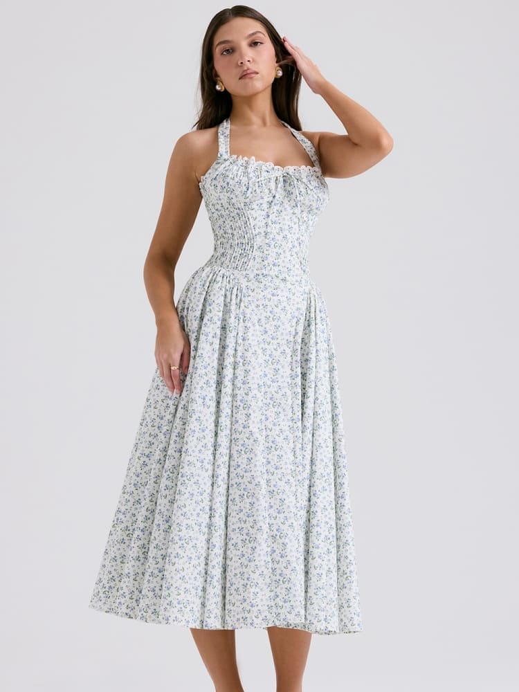 Weißes Neckholder-Kleid mit Rückenausschnitt und Glockenblumenmuster
