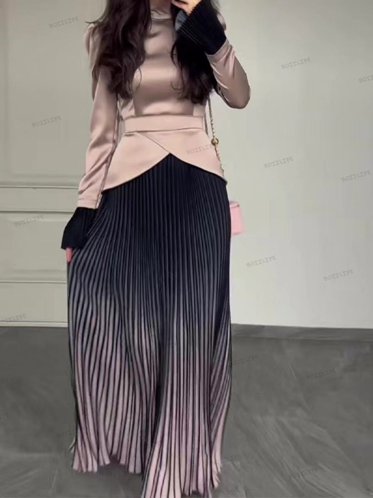 Color-Block-Splicing Slim-Fit Maxi-Kleid mit Schnürung und langen Ärmeln