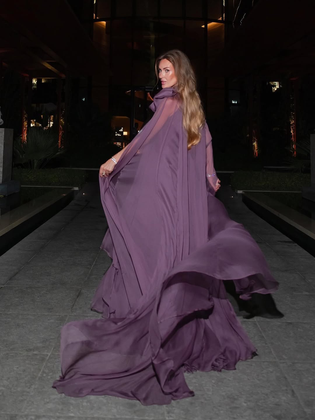 Mauve Chiffon Bow Cape Sleeve Pleated Maxi Gown