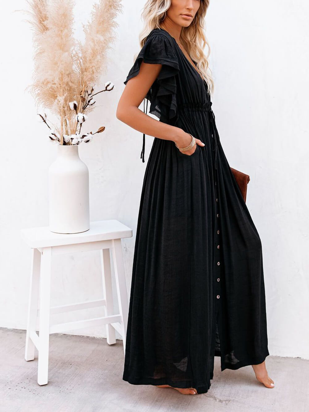 Knopf Baumwoll Leinen Perfektes Strand Boho Maxikleid