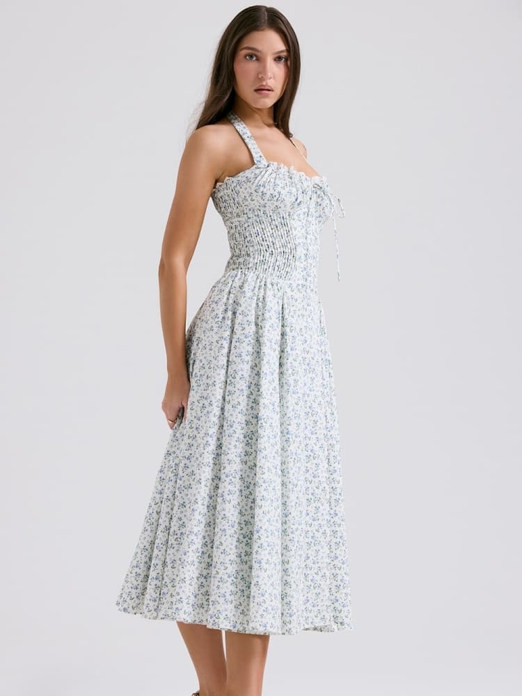Weißes Neckholder-Kleid mit Rückenausschnitt und Glockenblumenmuster