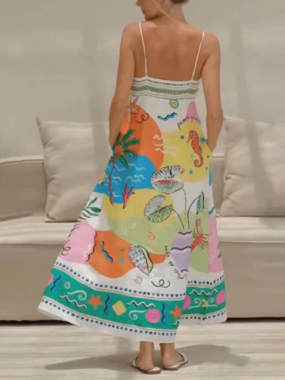 Einzigartiges bedrucktes trägerloses, ärmelloses Midikleid im Resort-Stil