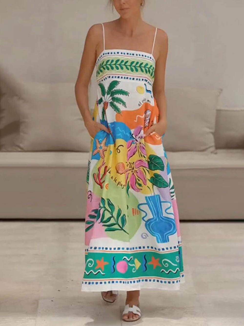 Einzigartiges bedrucktes trägerloses, ärmelloses Midikleid im Resort-Stil