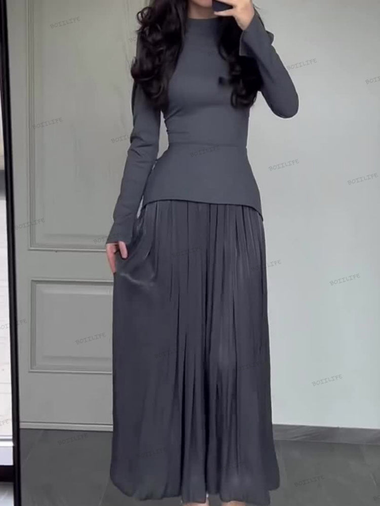 Color-Block-Splicing Slim-Fit Maxi-Kleid mit Schnürung und langen Ärmeln