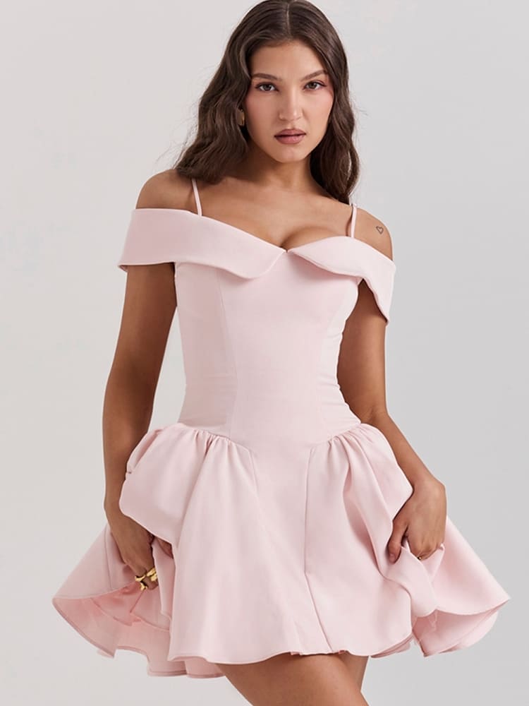 Ballettrosa schulterfreies Spaghettiträger-Minikleid