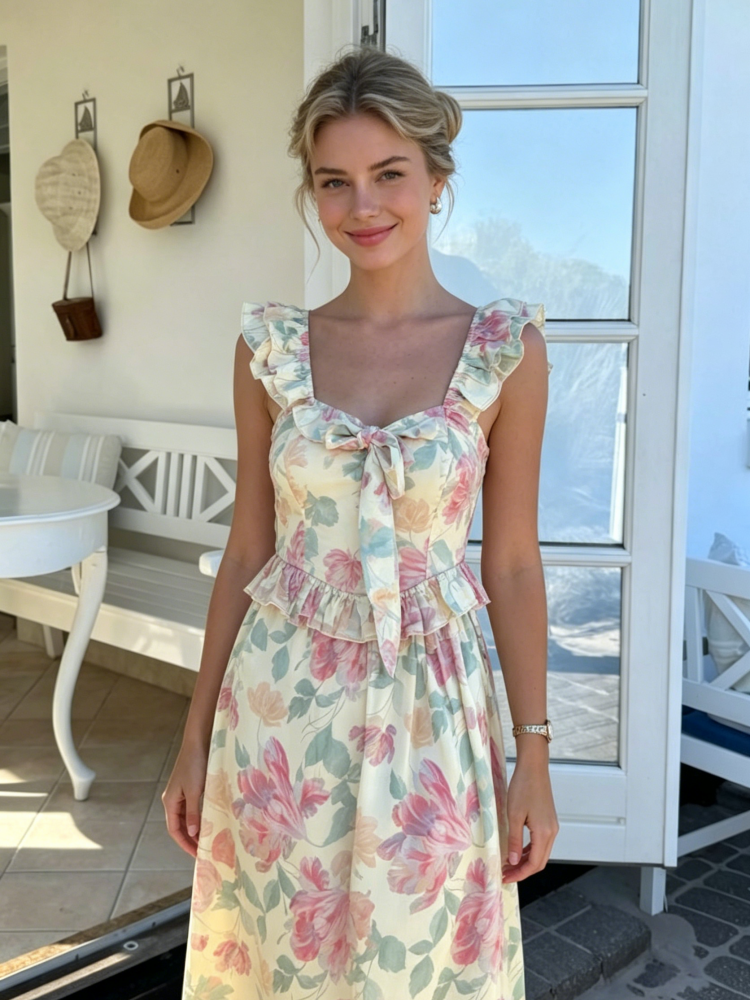Pastellfarbenes geblümtes Maxikleid mit Rüschen und Bindeband am Rücken