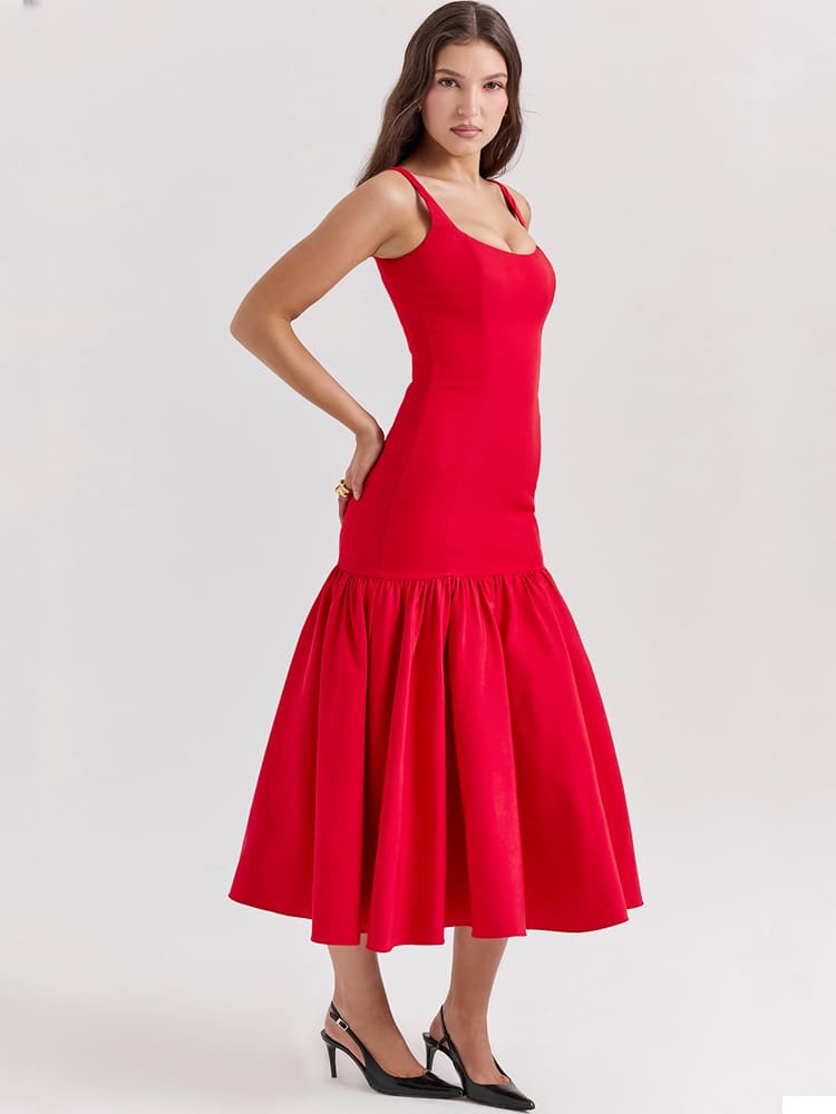 Sexy, eng anliegendes Midi-Kleid mit tiefem Bund – Scharlachrot