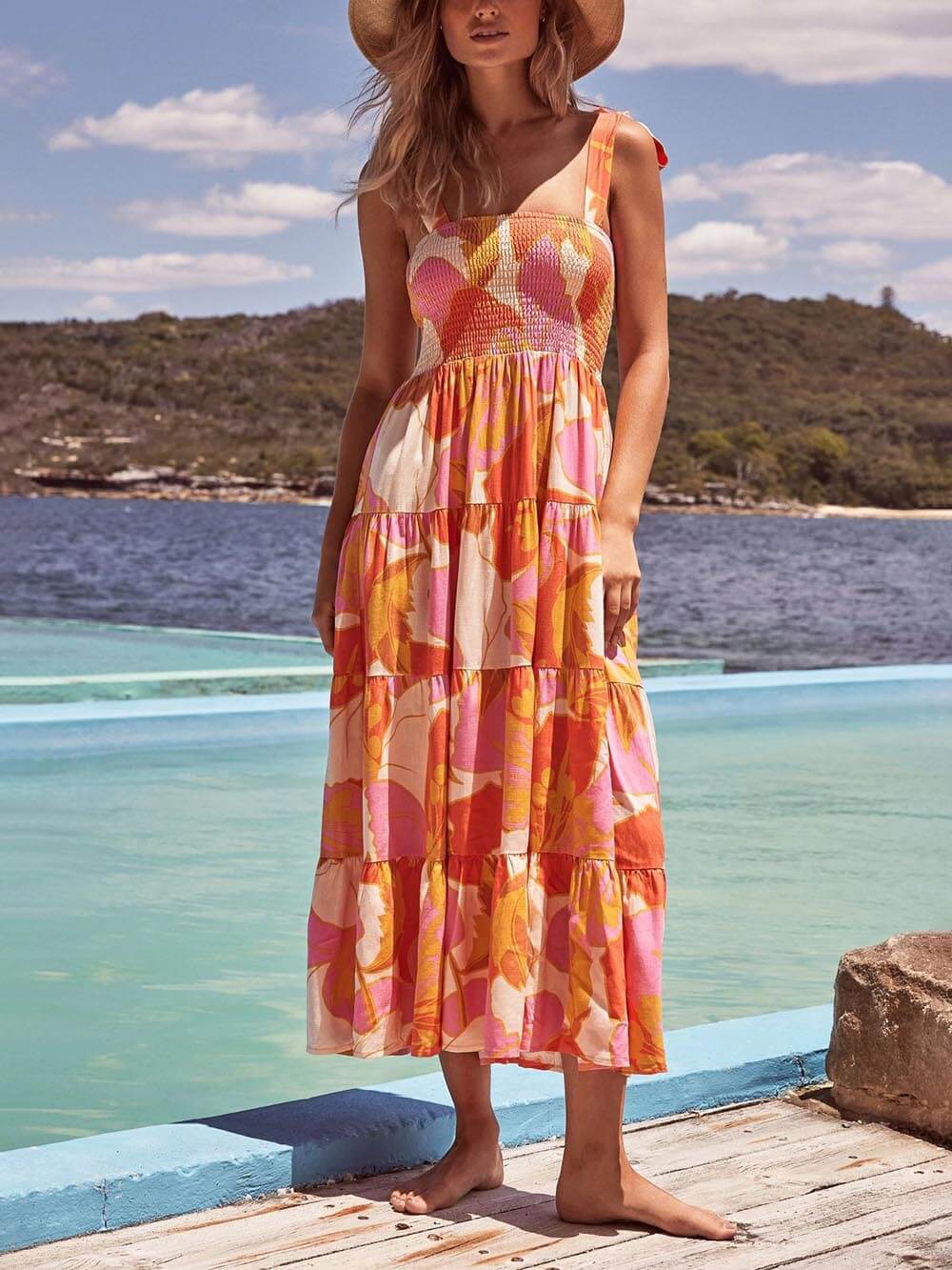 Sea Charm Ärmelloses plissiertes Stretch-Cami-Kleid mit Brustaufdruck