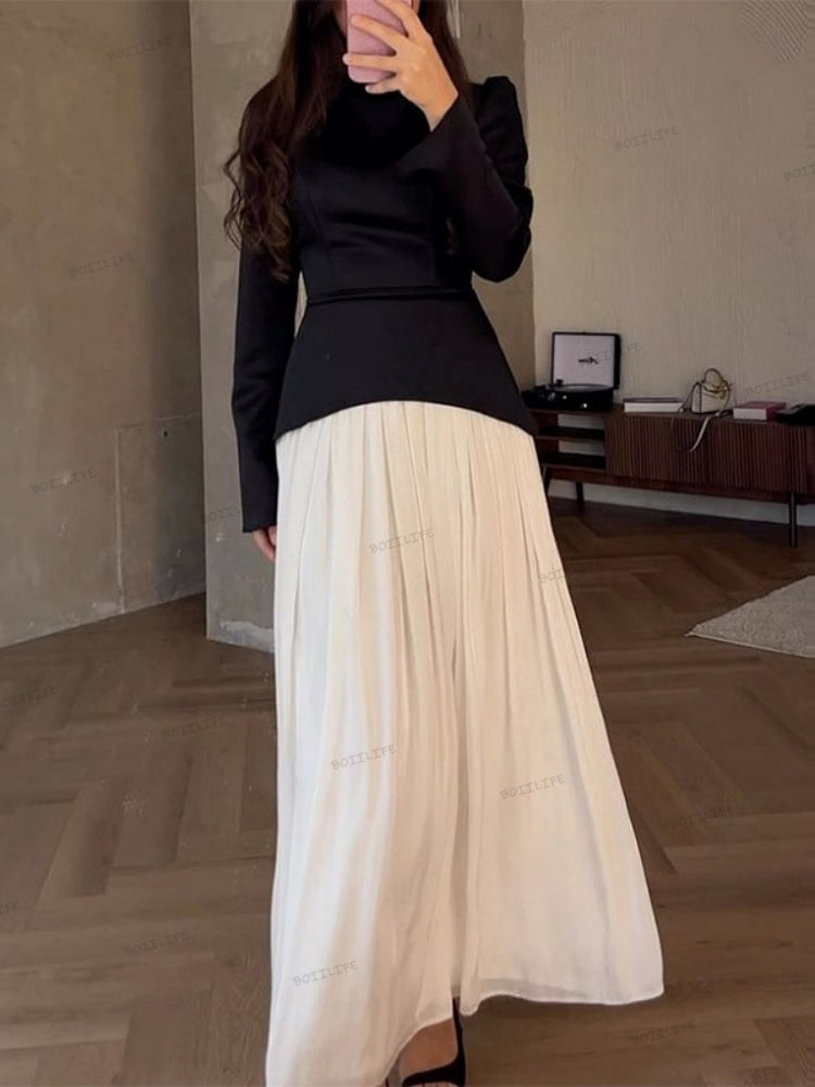 Color-Block-Splicing Slim-Fit Maxi-Kleid mit Schnürung und langen Ärmeln