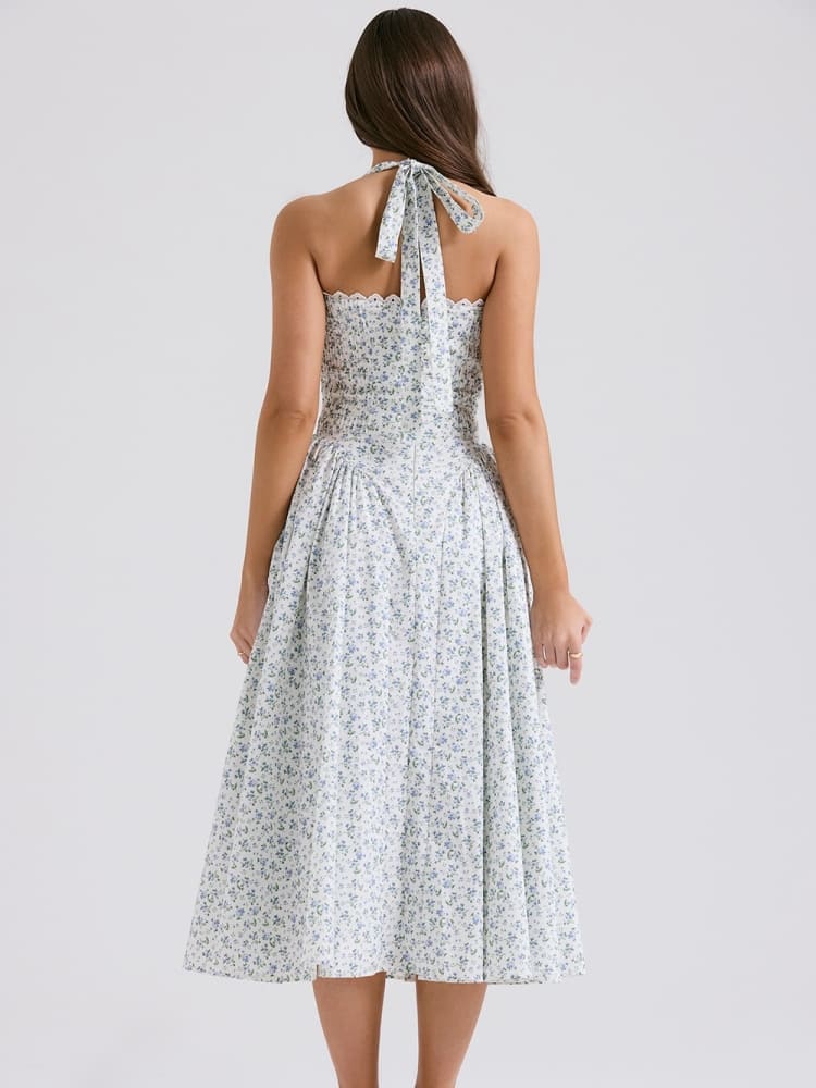 Weißes Neckholder-Kleid mit Rückenausschnitt und Glockenblumenmuster
