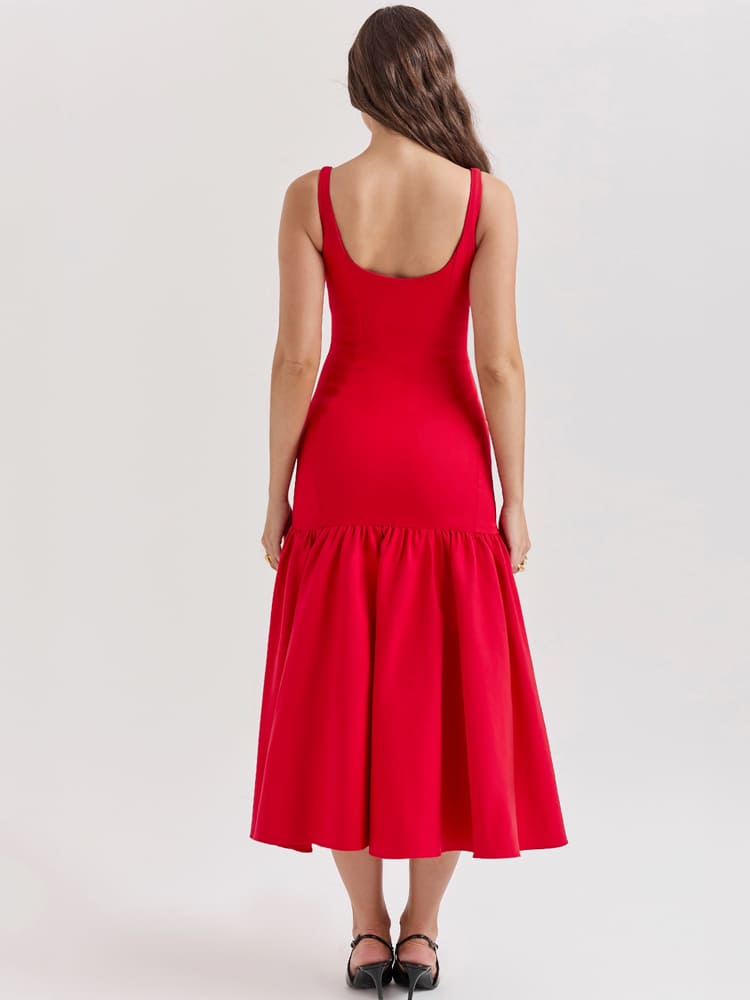 Sexy, eng anliegendes Midi-Kleid mit tiefem Bund – Scharlachrot