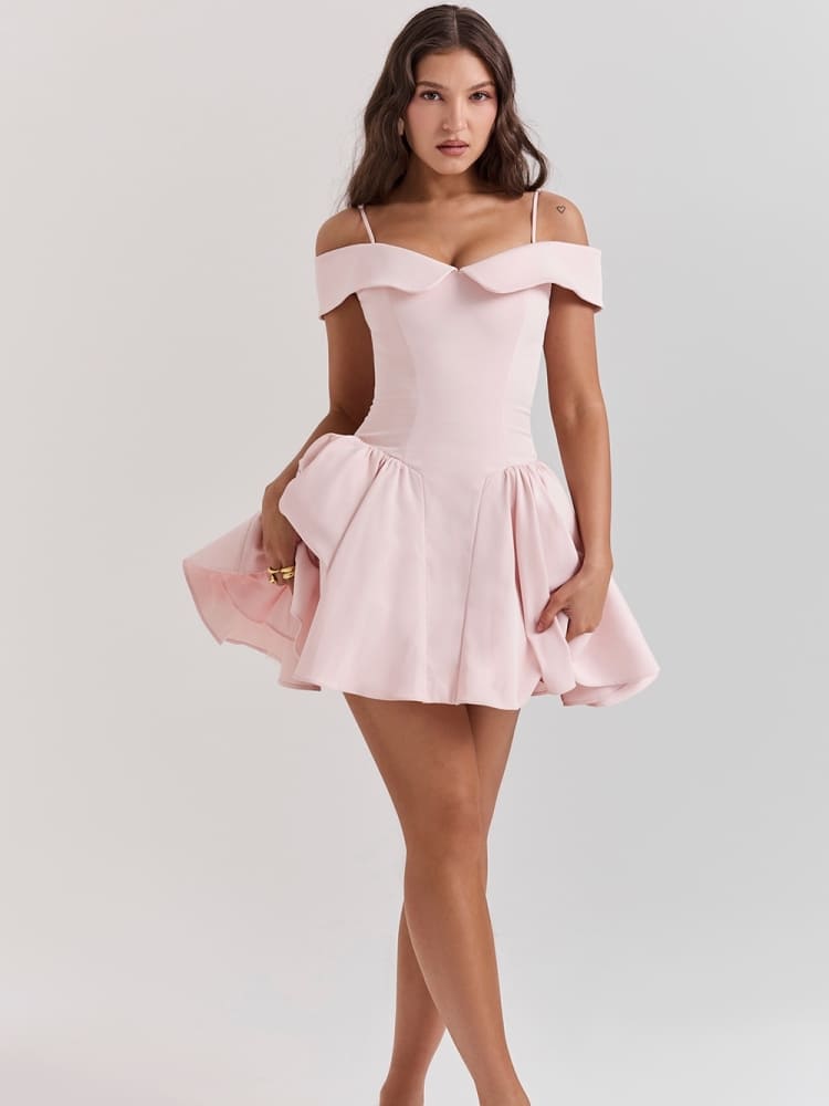 Ballettrosa schulterfreies Spaghettiträger-Minikleid