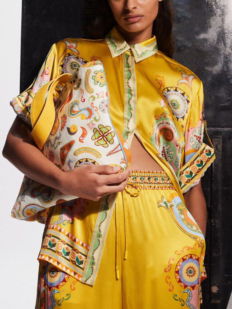Edles Satin-Set mit einzigartigem Kaschmirmuster und Oversized-Knöpfen (Zweiteiler)