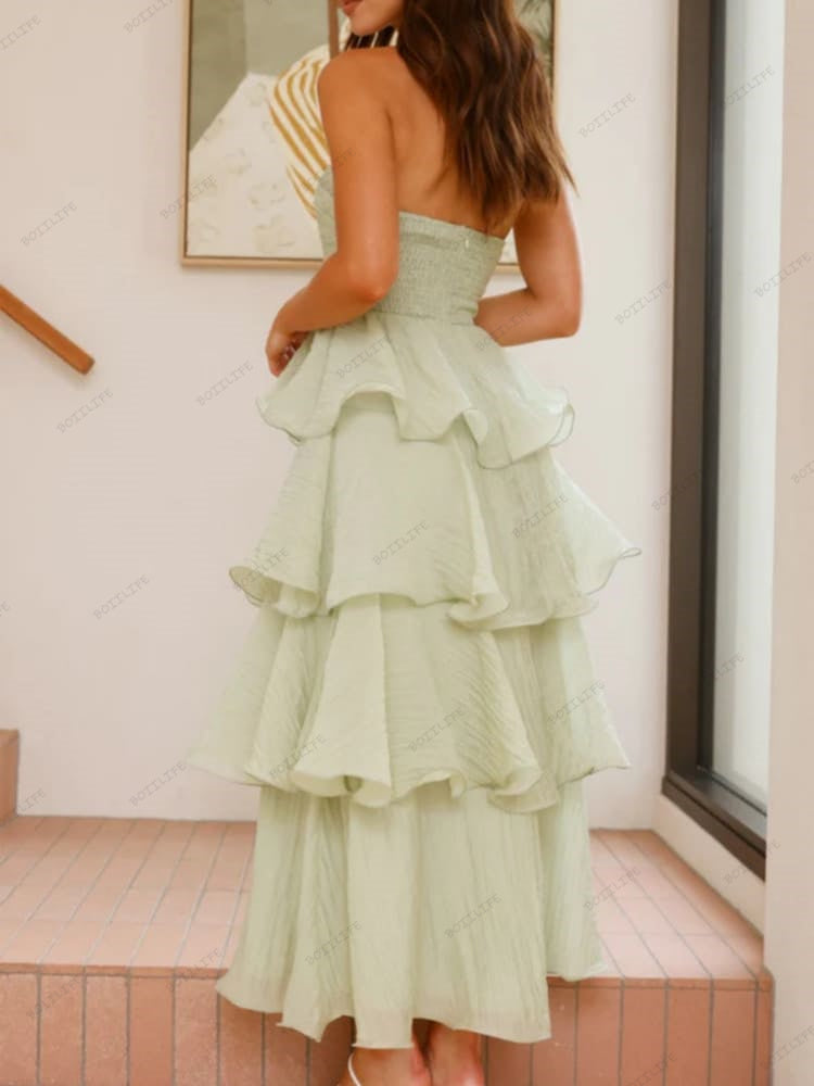 Elegantes, trägerloses, rückenfreies Midi-Kleid mit Stufenrock