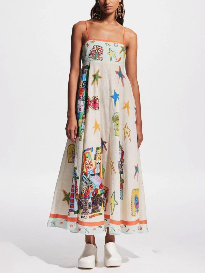 Einzigartiges Graffiti-Print Träger Langes Swing-Maxikleid