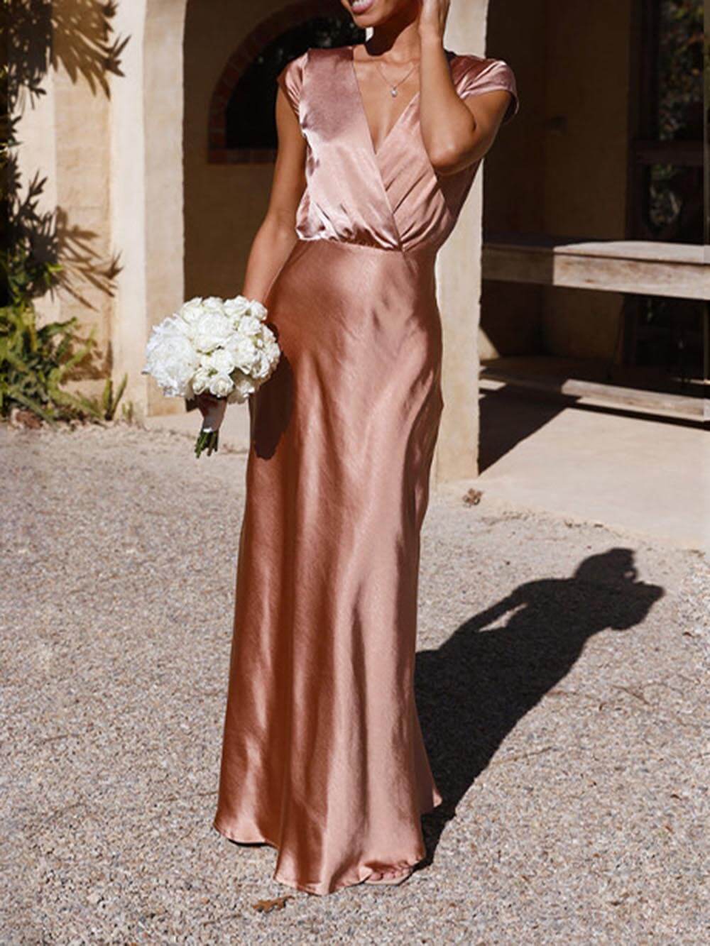 Frühling/Sommer Satin Einfarbig V-Ausschnitt Fishtail Partykleid