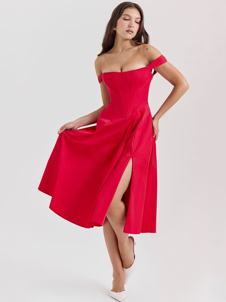 Sexy, eng anliegendes Midi-Kleid mit tiefem Bund – Scharlachrot