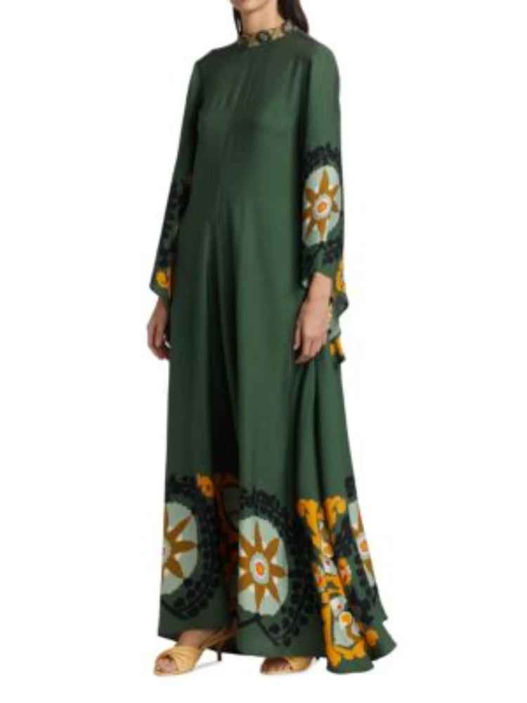Dunkelgrünes bedrucktes Maxikleid