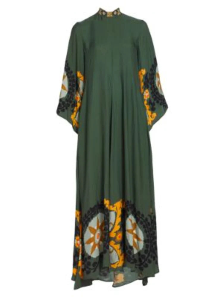 Dunkelgrünes bedrucktes Maxikleid