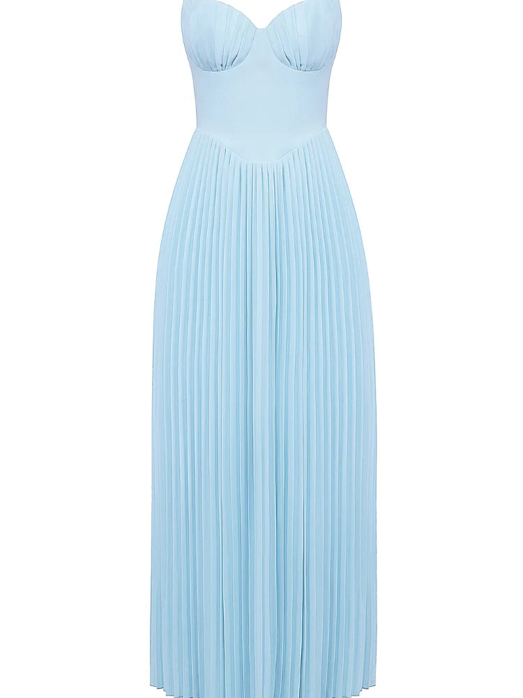 Ozeanblaues plissiertes Maxikleid