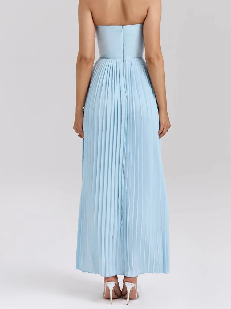 Ozeanblaues plissiertes Maxikleid