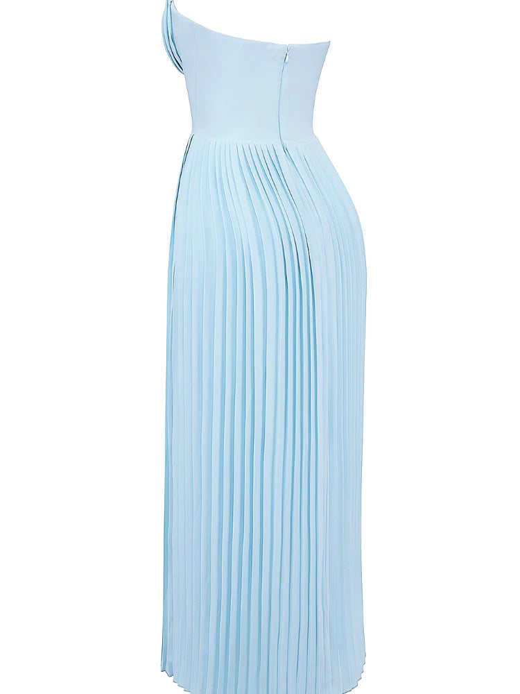 Ozeanblaues plissiertes Maxikleid