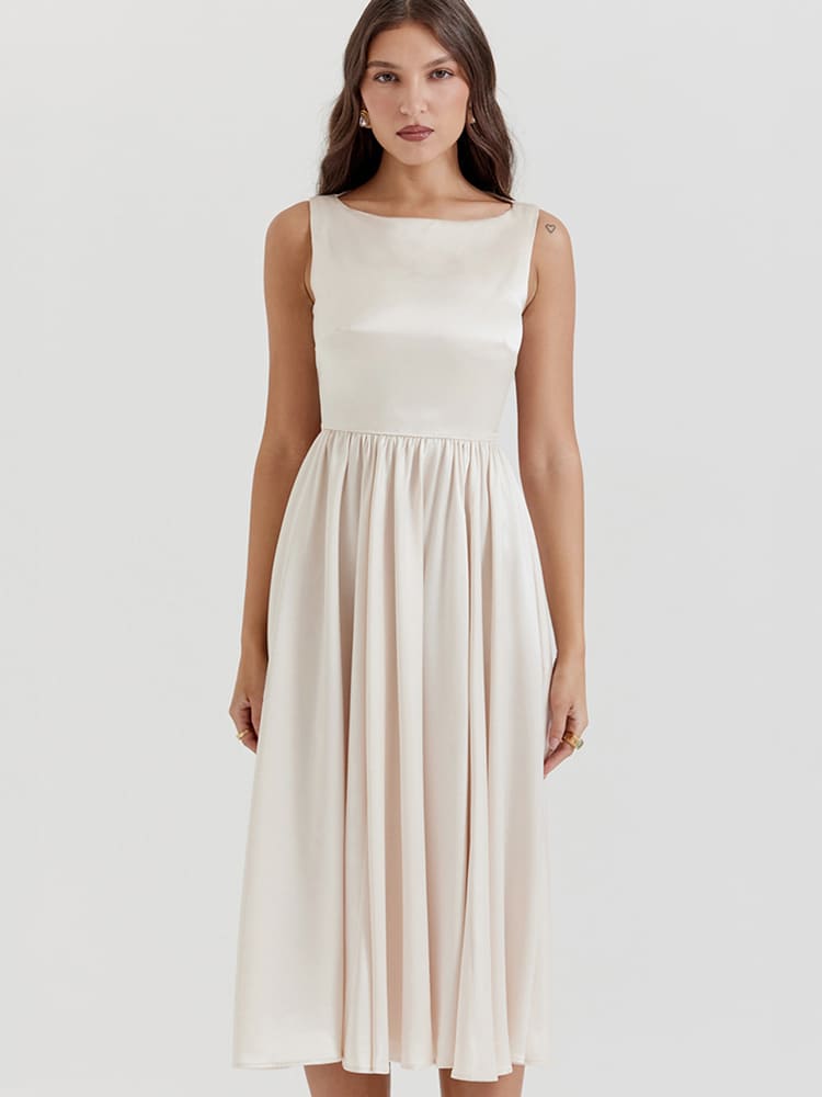 Vintage Midi-Kleid mit niedriger Taille – Creme Beige