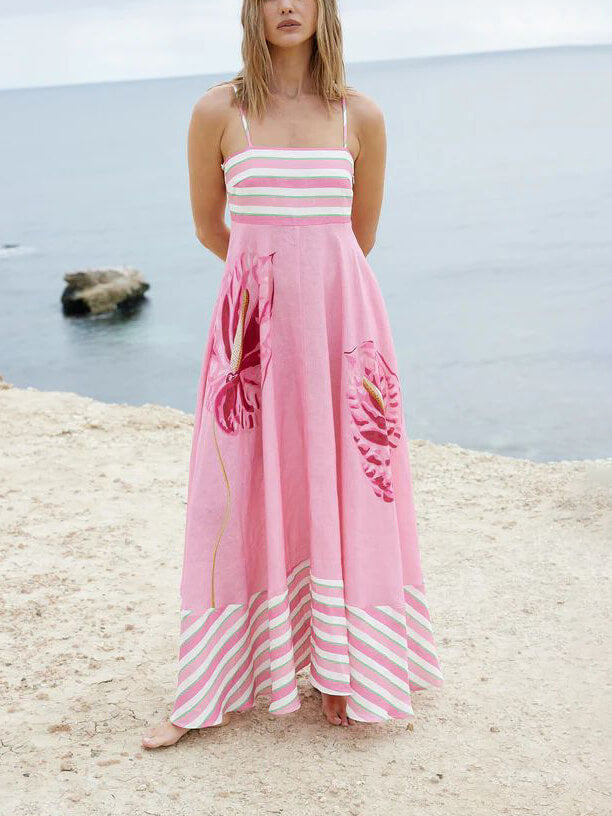 Geblümtes, gestreiftes Paneel-Latz-Maxikleid