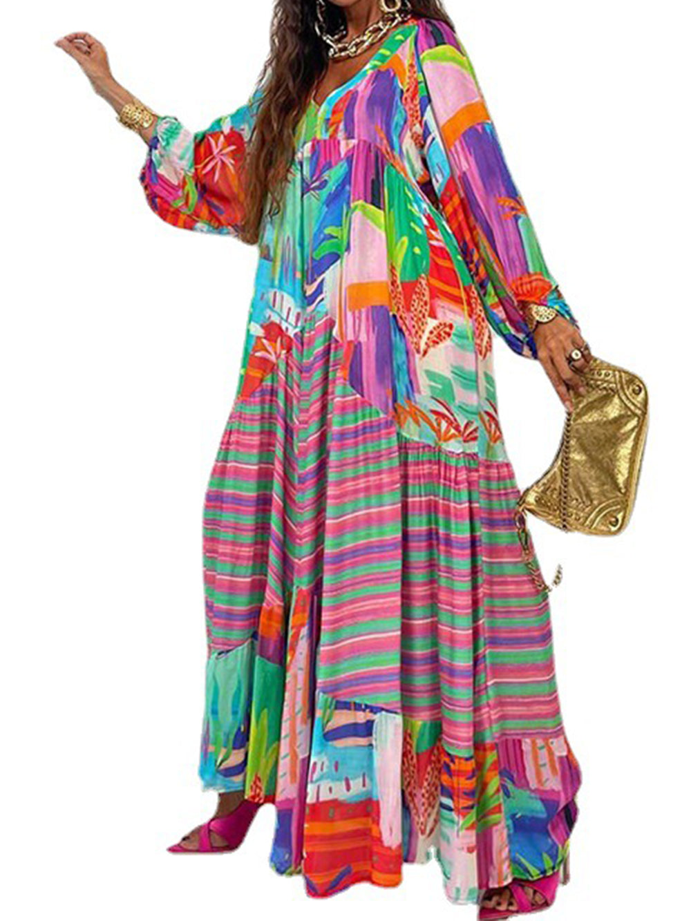 Oversized Maxikleid mit V-Ausschnitt und Print