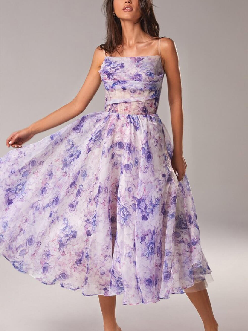 Trägerloses, ärmelloses bedrucktes Swing-Midikleid