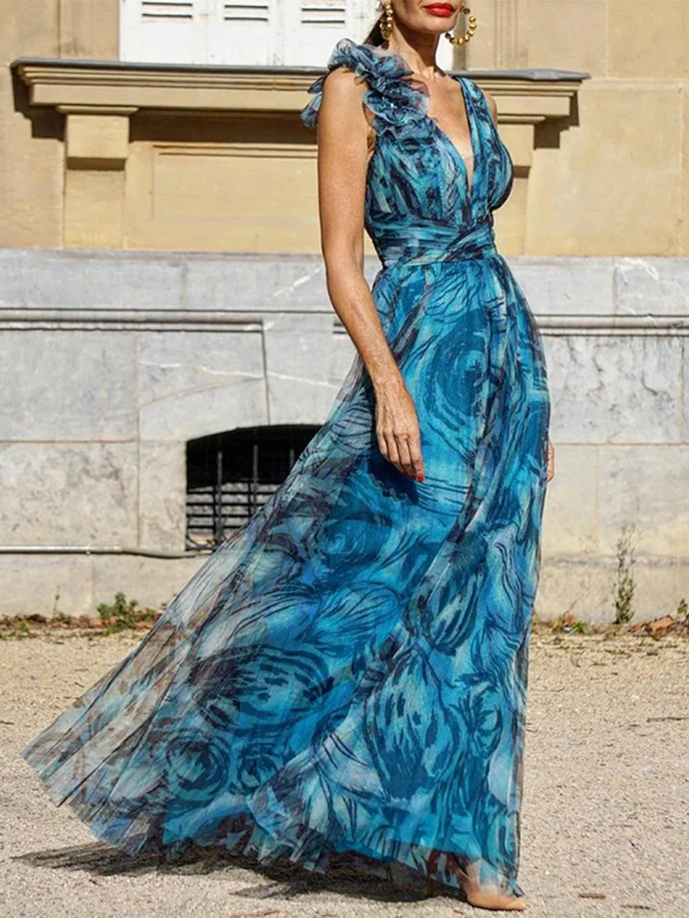 Ärmelloses Maxikleid mit Swing-Print