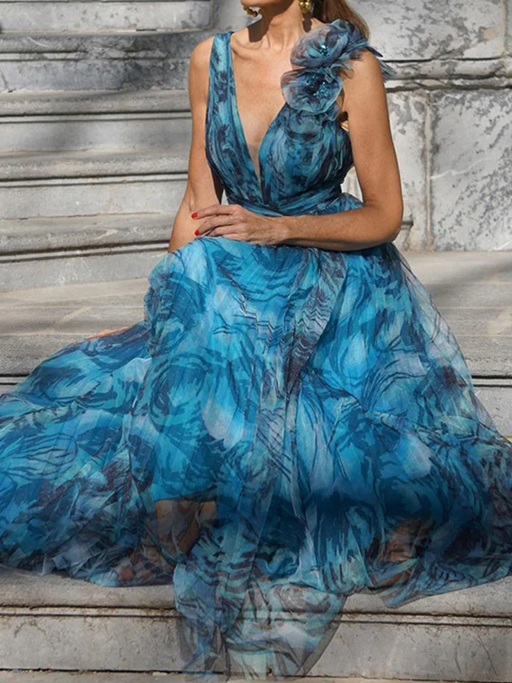 Ärmelloses Maxikleid mit Swing-Print