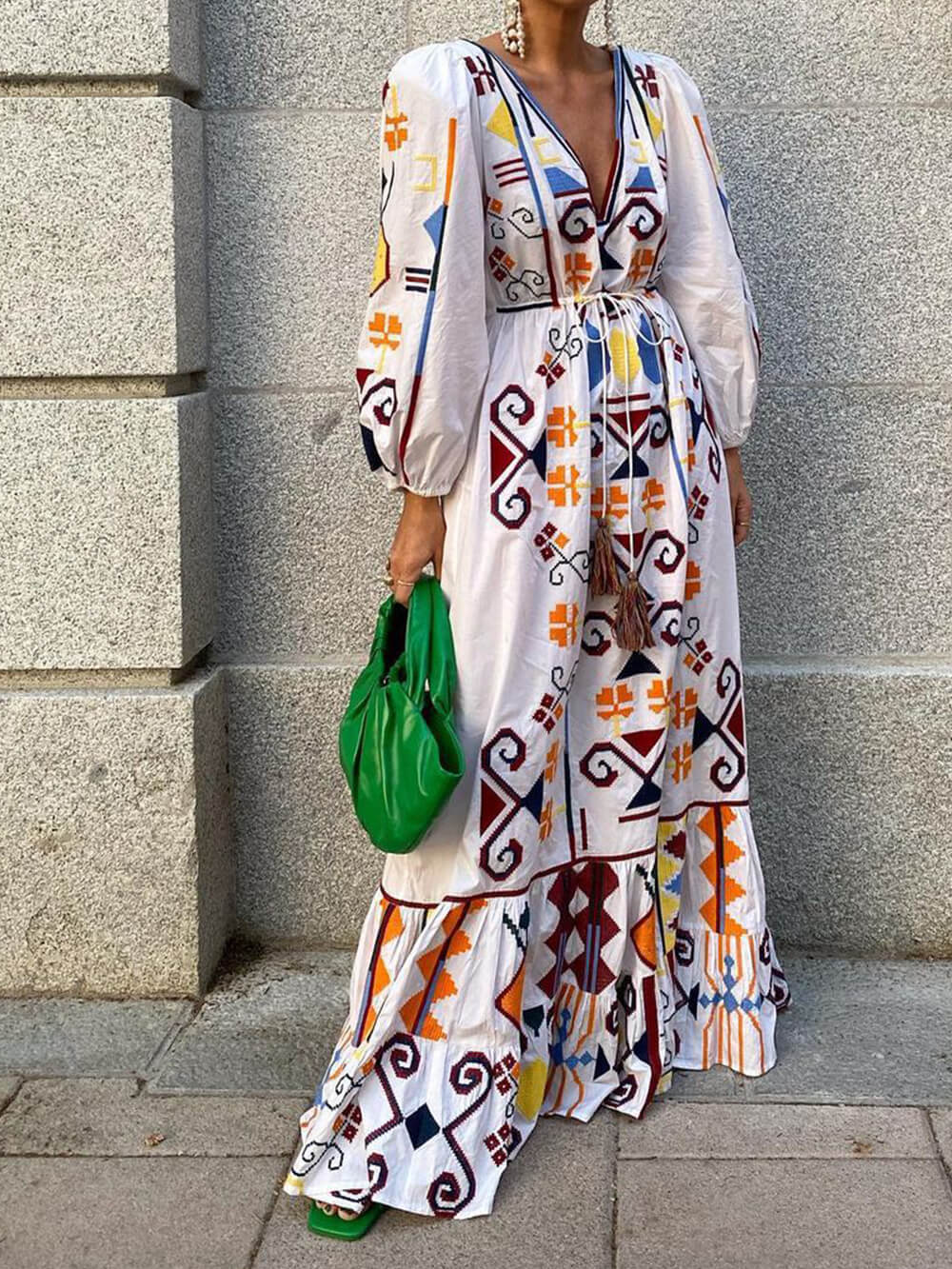 Bedrucktes langes Kleid im Urlaubsstil mit Laternenärmeln