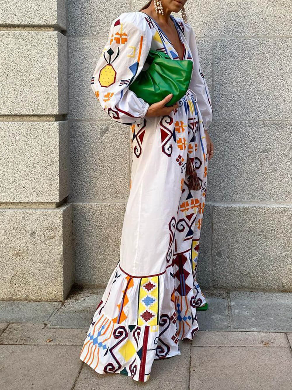 Bedrucktes langes Kleid im Urlaubsstil mit Laternenärmeln