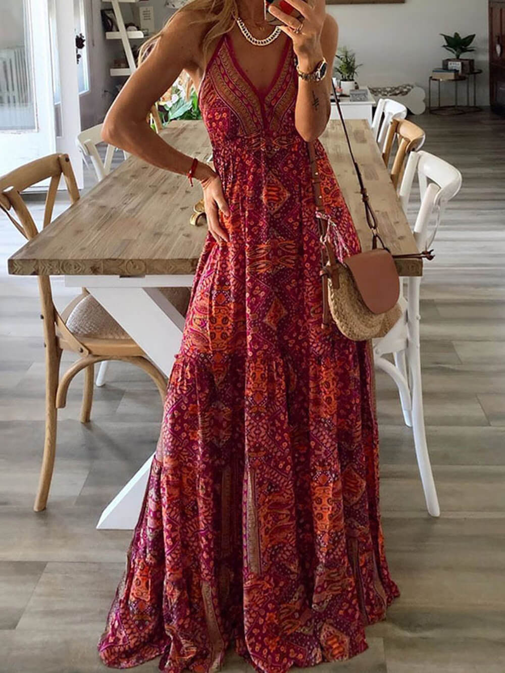 Hoch tailliertes V-Ausschnitt Vintage-Print Maxikleid