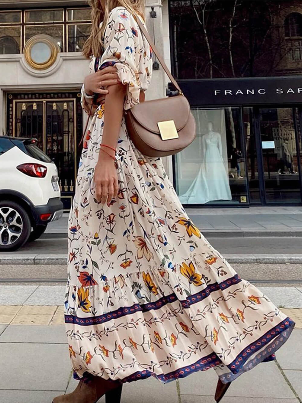 V-Ausschnitt Bedrucktes Lockeres Maxikleid