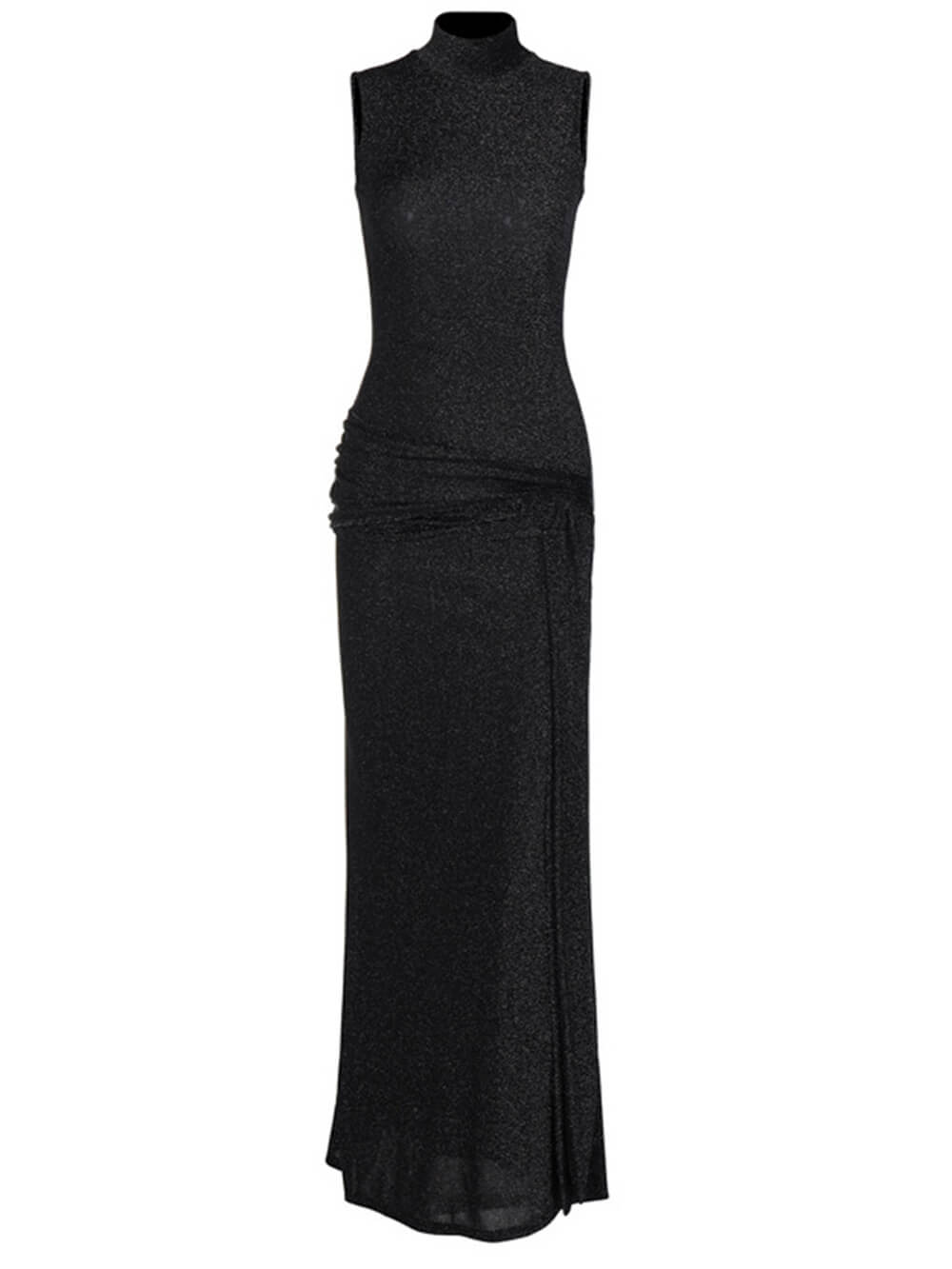 Ärmelloses hochgeschlossenes langes Kleid mit Bändern und Glanzseide