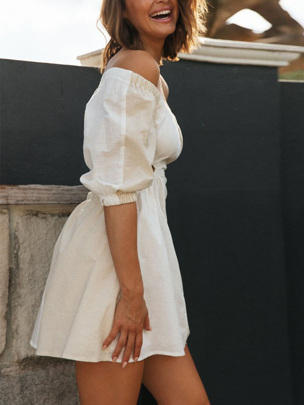 Einarmiges Off-Waist Ballonärmel Minikleid